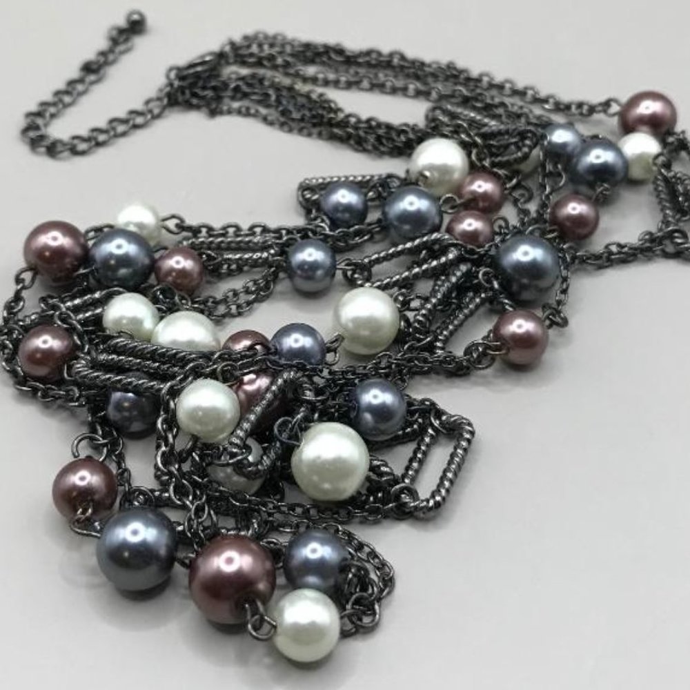 Multi Strand Faux Pearl Chain Link Necklace & Earrings - Picture 7 of 7